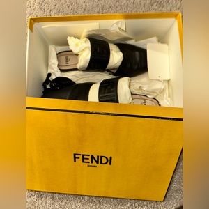 FENDI Sabot Mules FF Logo Black Calf Leather.